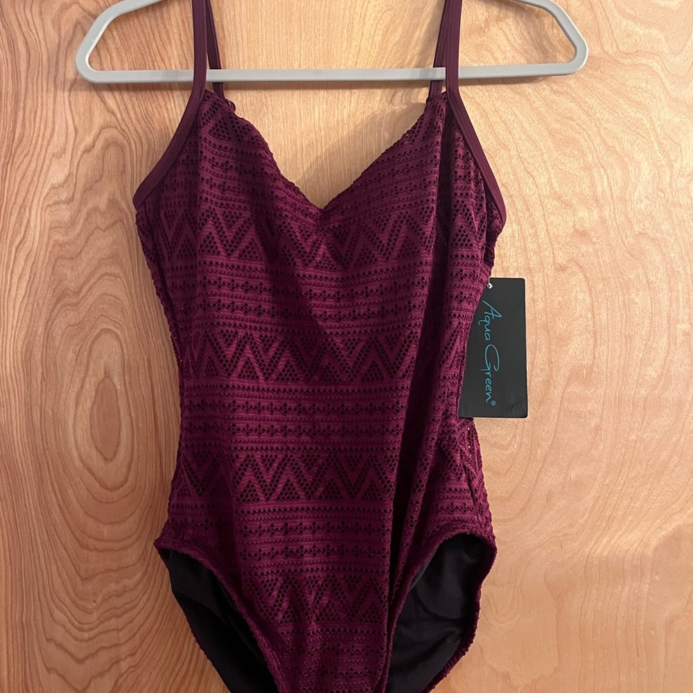 Aqua Green Burgundy One-Piece Swimsuit - size Medium